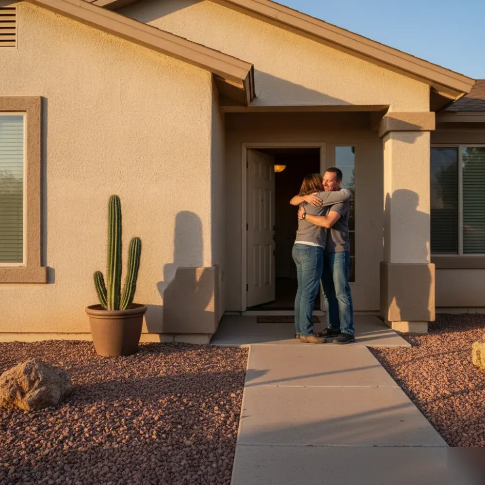 bail-bond-family-reunion-home-mesa-arizona Family reunites outside a stucco home in Mesa, Arizona, in late afternoon sunlight.