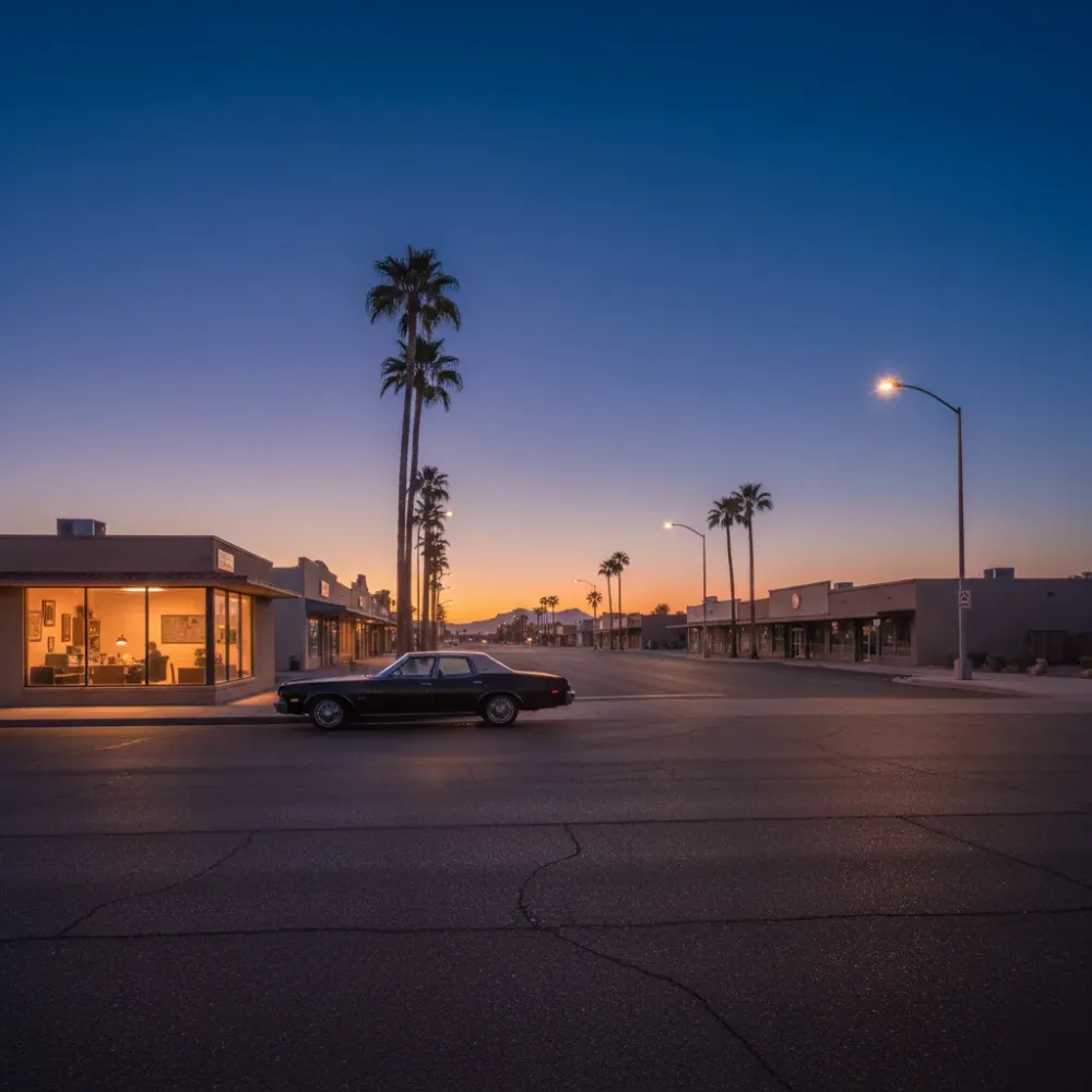 bail-bond-office-mesa-arizona-street-dusk Lit bail bond office on a Mesa, Arizona commercial street at dusk with a car parked outside.