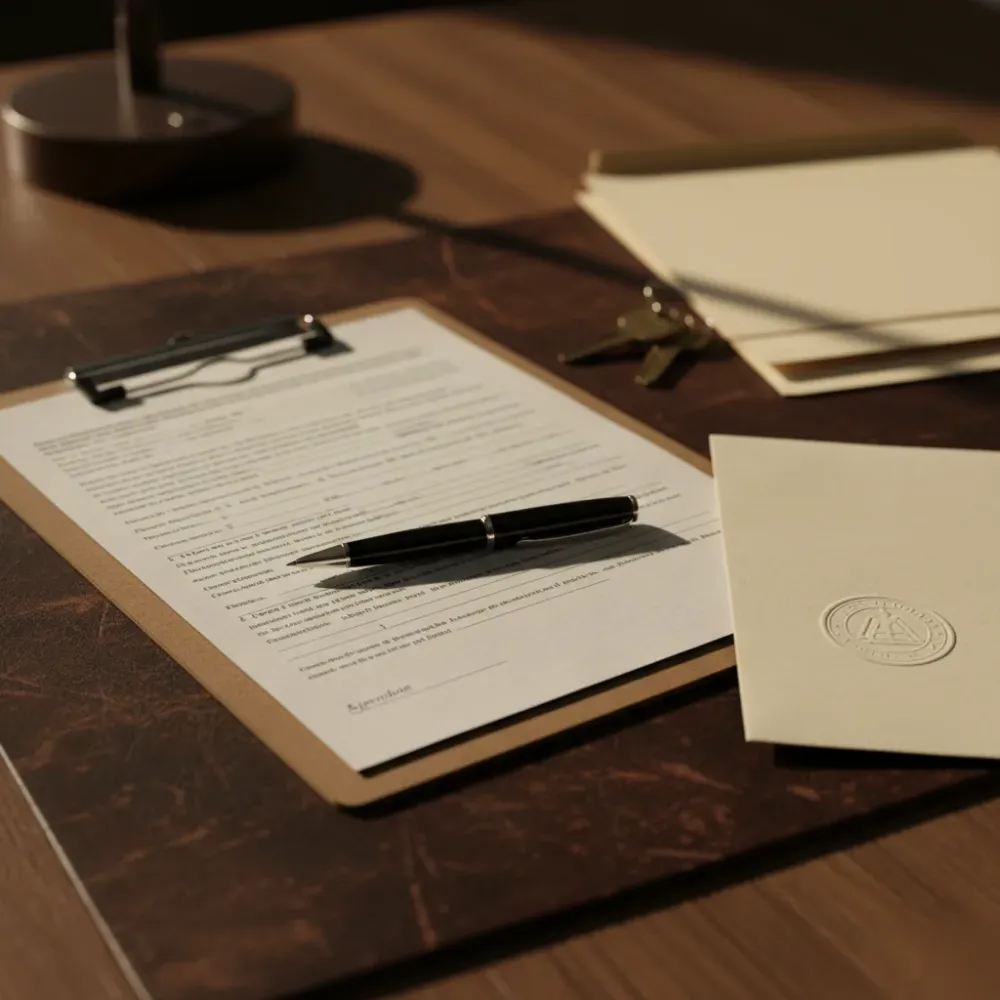 bail-bond-paperwork-documents-desk-mesa Bail bond paperwork, a clipboard, pen, and court documents arranged on a desk in Mesa.