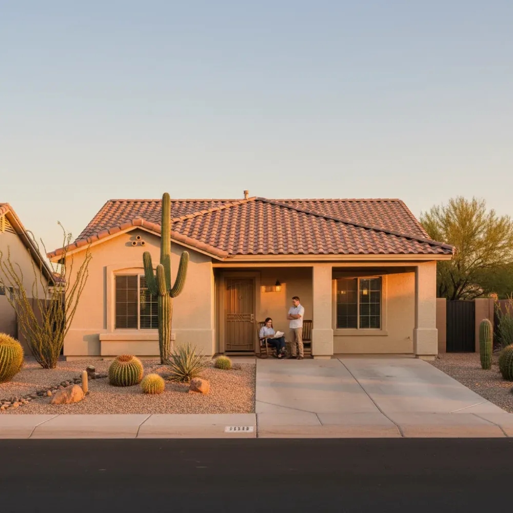 bail-bond-payment-plan-family-mesa-home-exterior Two adults stand and sit on the porch of a stucco home in Mesa, Arizona, reviewing documents in golden hour light after a .