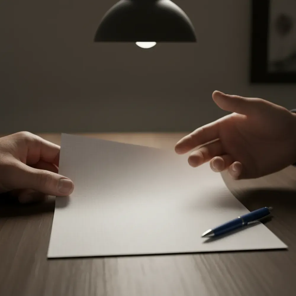 bail-payment-plan-document-exchange-hands-mesa Two people exchange a document across a table, with a pen resting nearby, representing a bail payment plan agreement being.