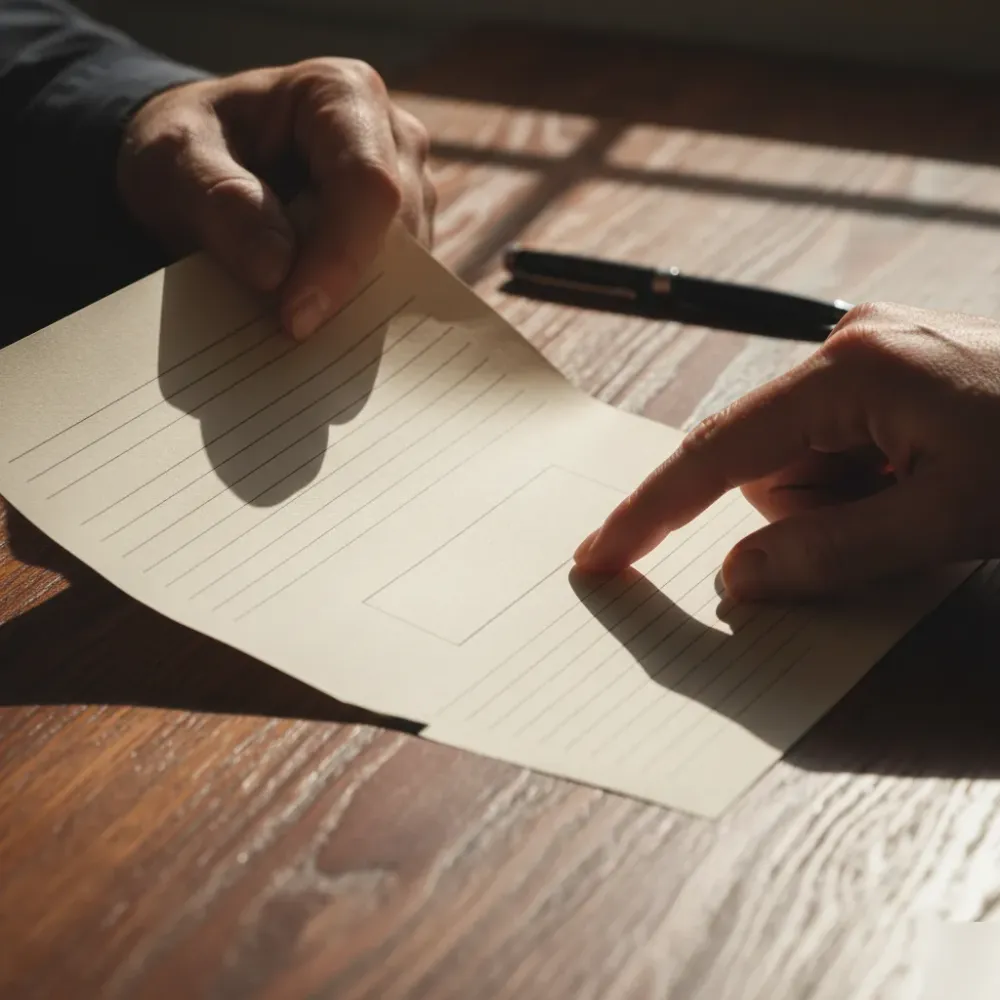 felony-bail-bond-contract-review-co-signer-mesa Hands reviewing a felony bail bond contract document on a wooden table in close detail.
