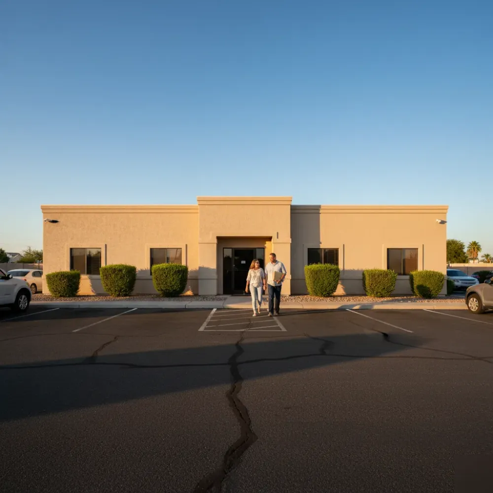 felony-bail-bonds-office-exterior-family-arriving-mesa Two family members walking toward a bail bonds office exterior in Mesa at golden hour.