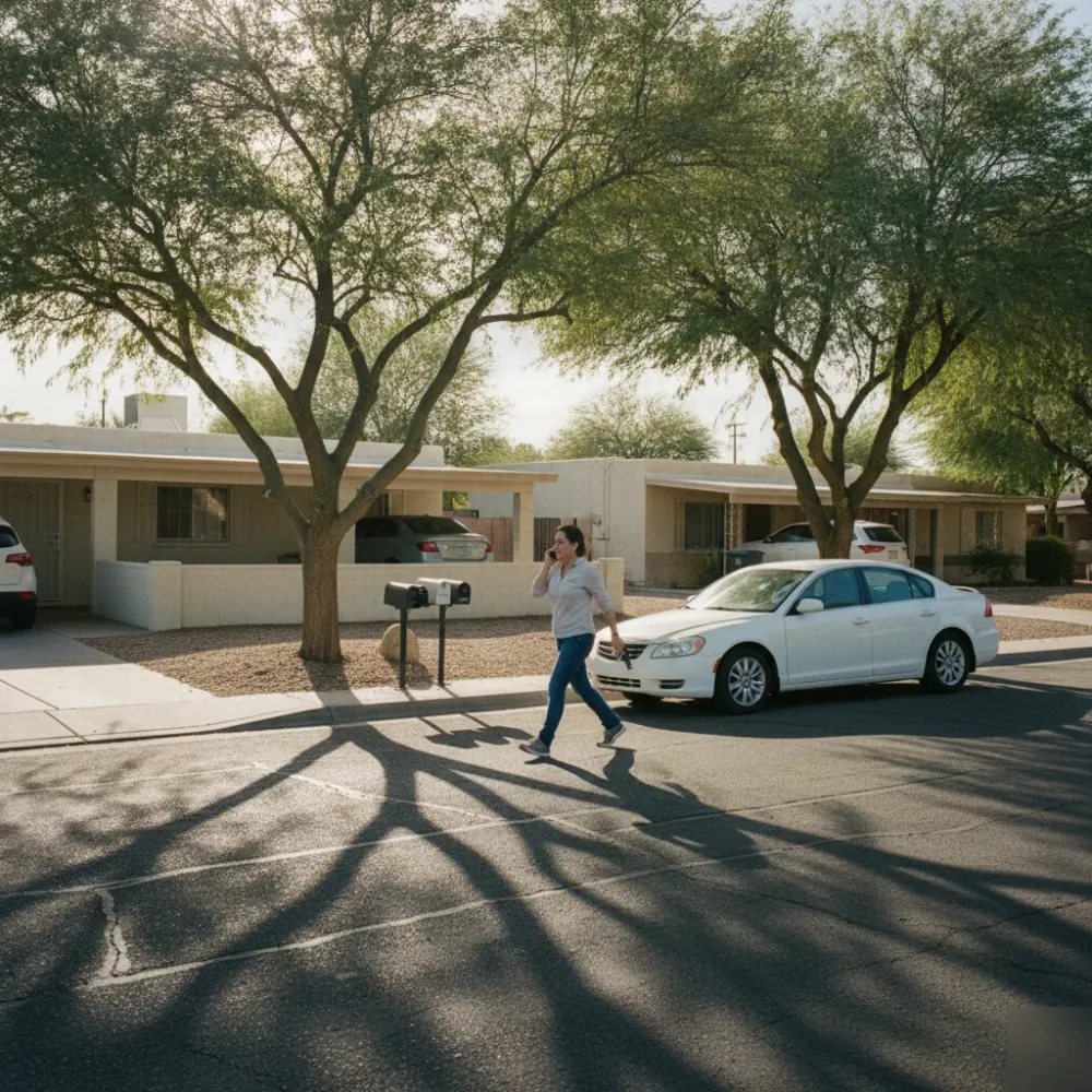bail-bonds-service-journey-mesa-sunset-neighborhood-street Mesa resident near Chandler Public Library Sunset driving to meet bail bonds agent