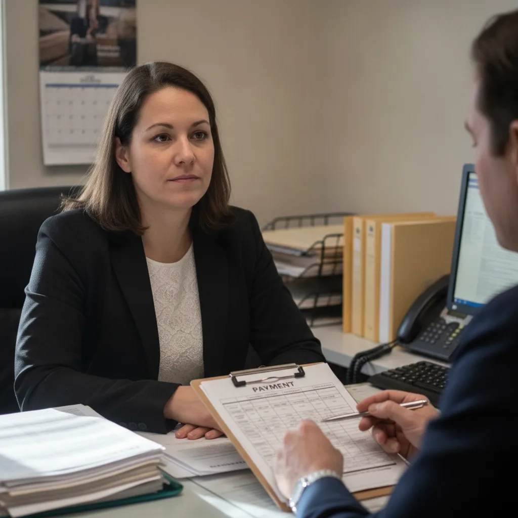 Woman reviewing bail bonds payment plan paperwork with agent in Columbus office
