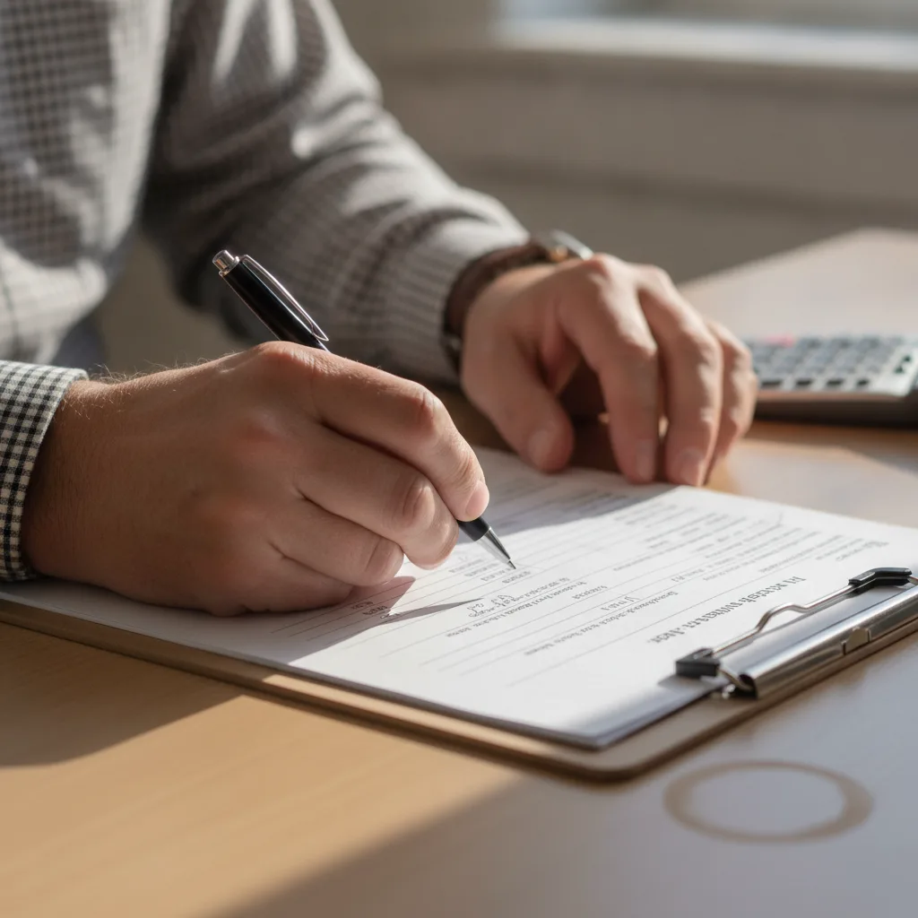 Close-up of hands signing bail bonds payment plan agreement on office desk