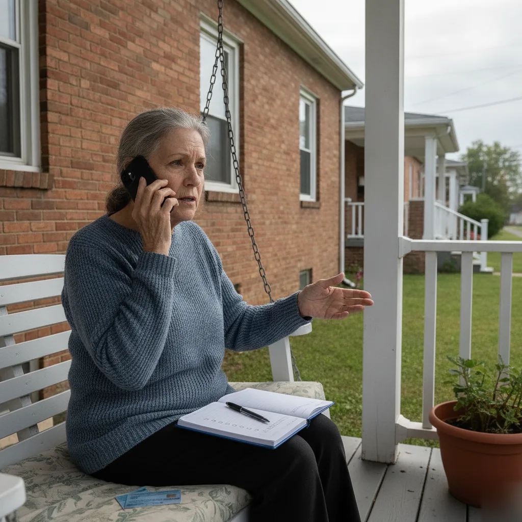 Woman preparing documents before calling Columbus bail bonds service from home porch