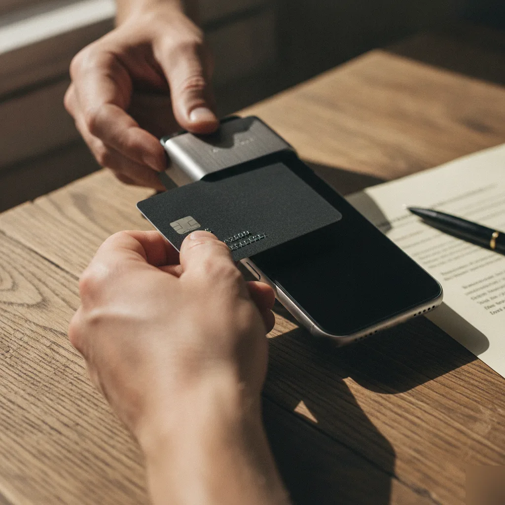 Close-up of credit card swiped through reader to process a bail bond payment