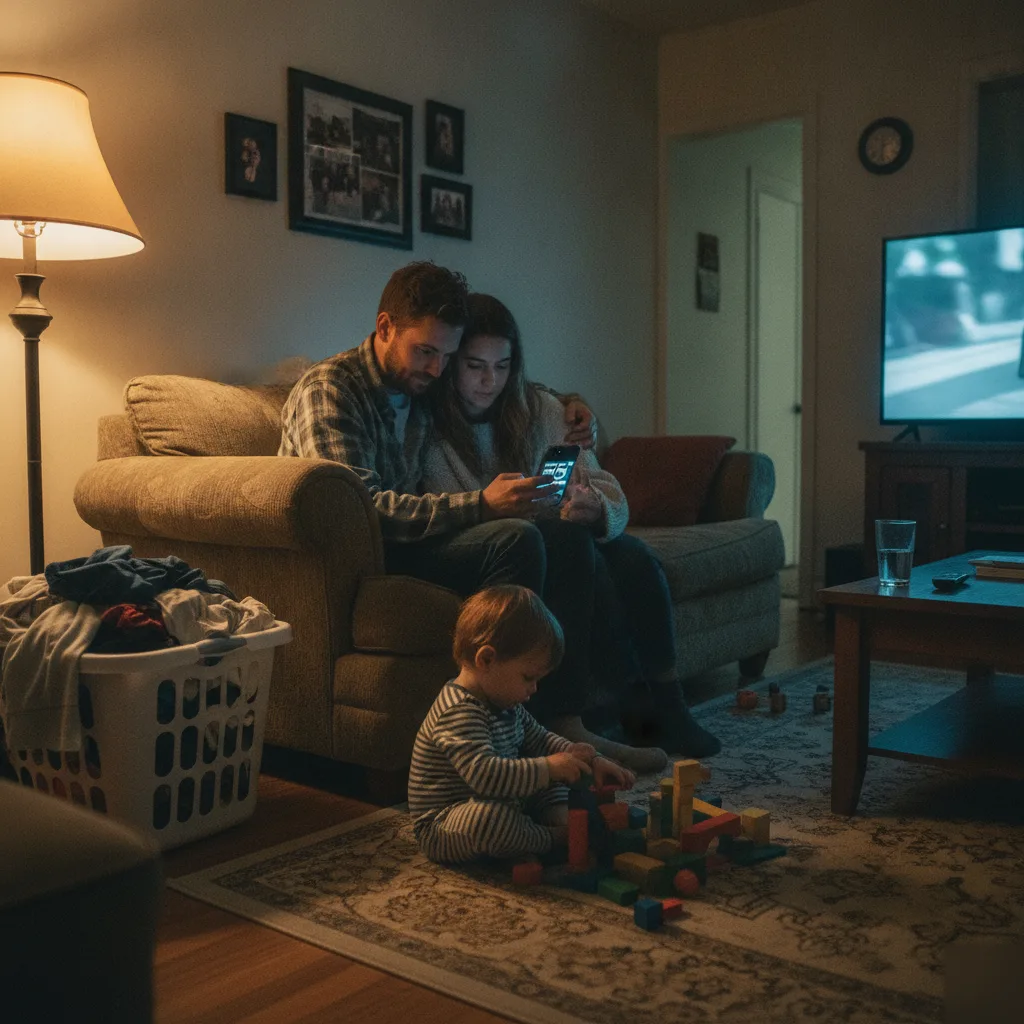 Family relaxes at home after receiving bail bond confirmation text in Columbus