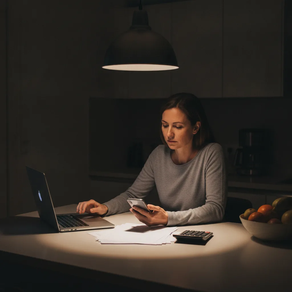 bail-bond-payment-planning-kitchen-columbus Woman reviews bail bond payment options at home kitchen counter in Columbus
