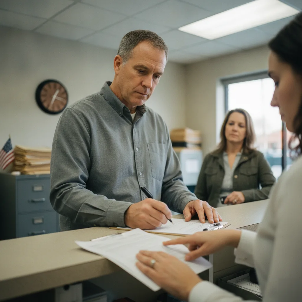 Man signing DUI bail bond paperwork at Columbus bail bonds office counter