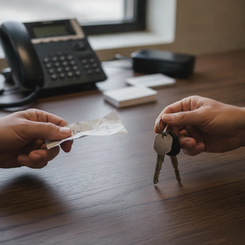 Hands exchanging bail bond receipt and keys at Columbus bail bonds desk