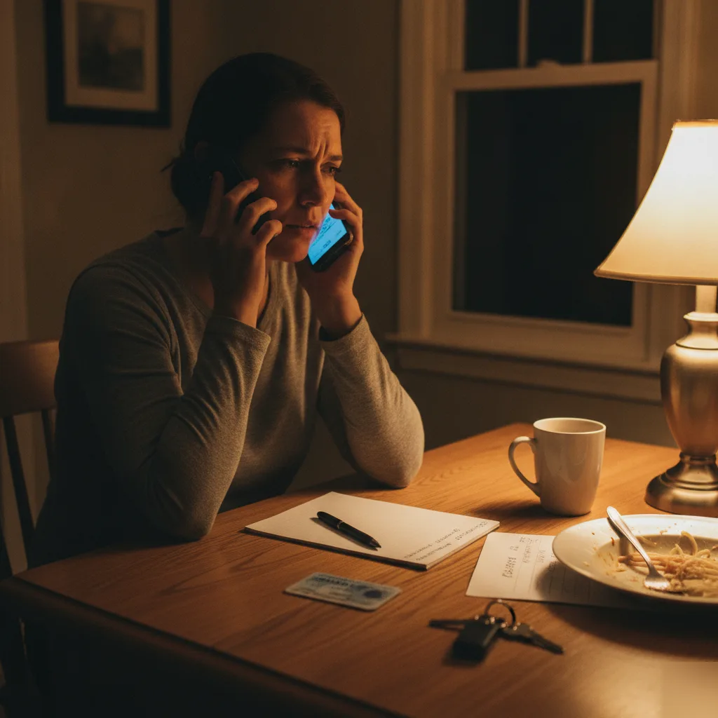 Woman calling Columbus bail bondsman from home kitchen table at night