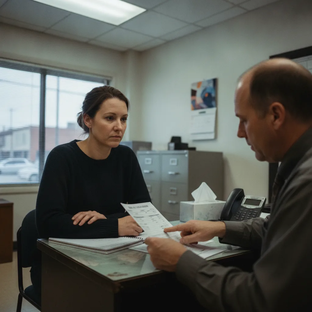 Woman discussing free bail consultation with agent at Columbus bail bonds office desk