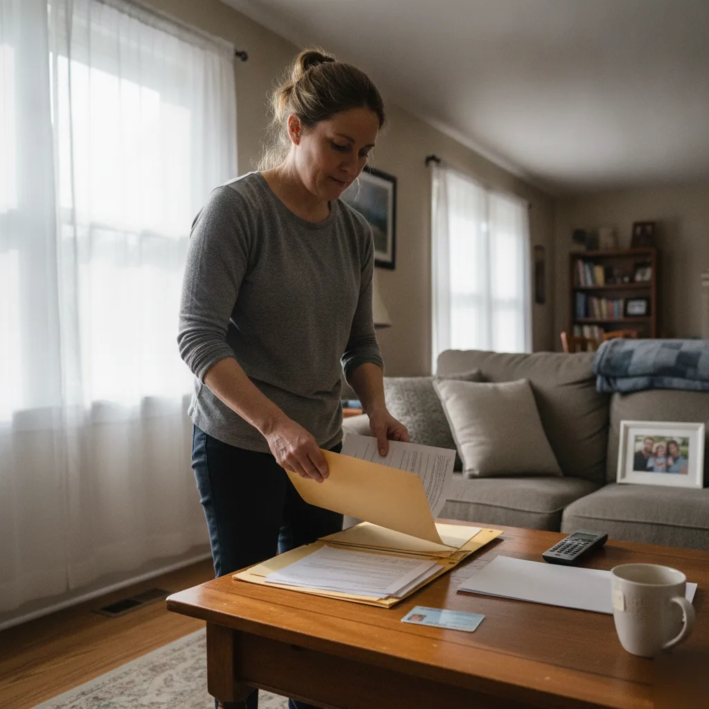 Woman gathering ID and documents at home before calling for bail consultation in Columbus